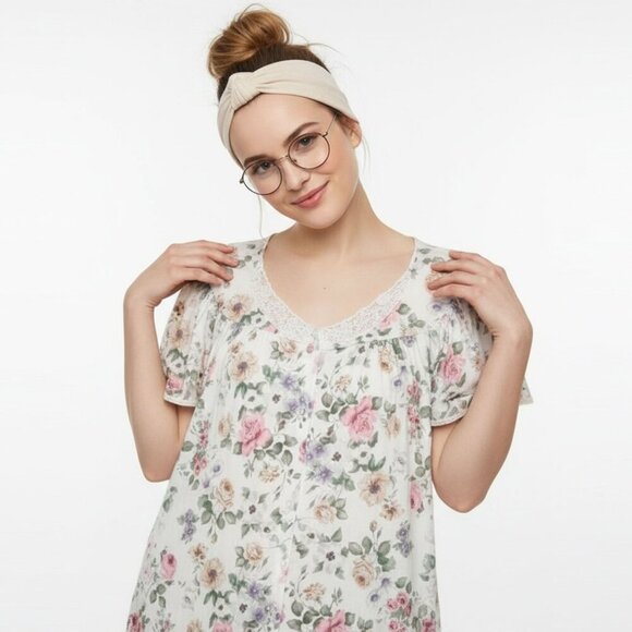 Vintage Floral Button Up Night Shirt Top Lace Collar Granny Chic Pajama Blouse - Picture 1 of 8
